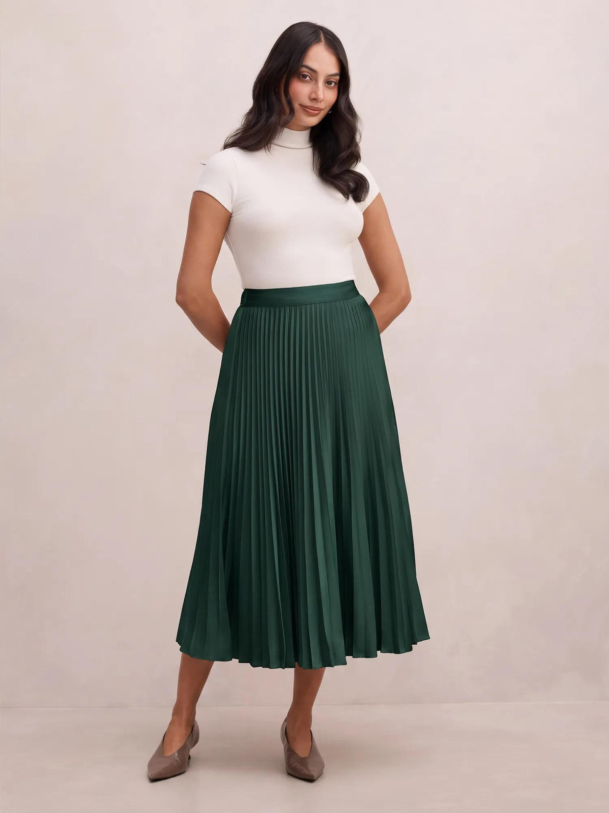Ester Satin Pleated Skirt Dark Green