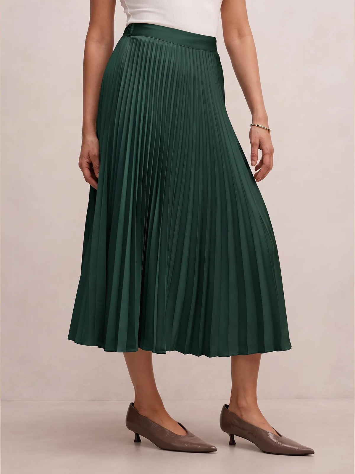Ester Satin Pleated Skirt Dark Green