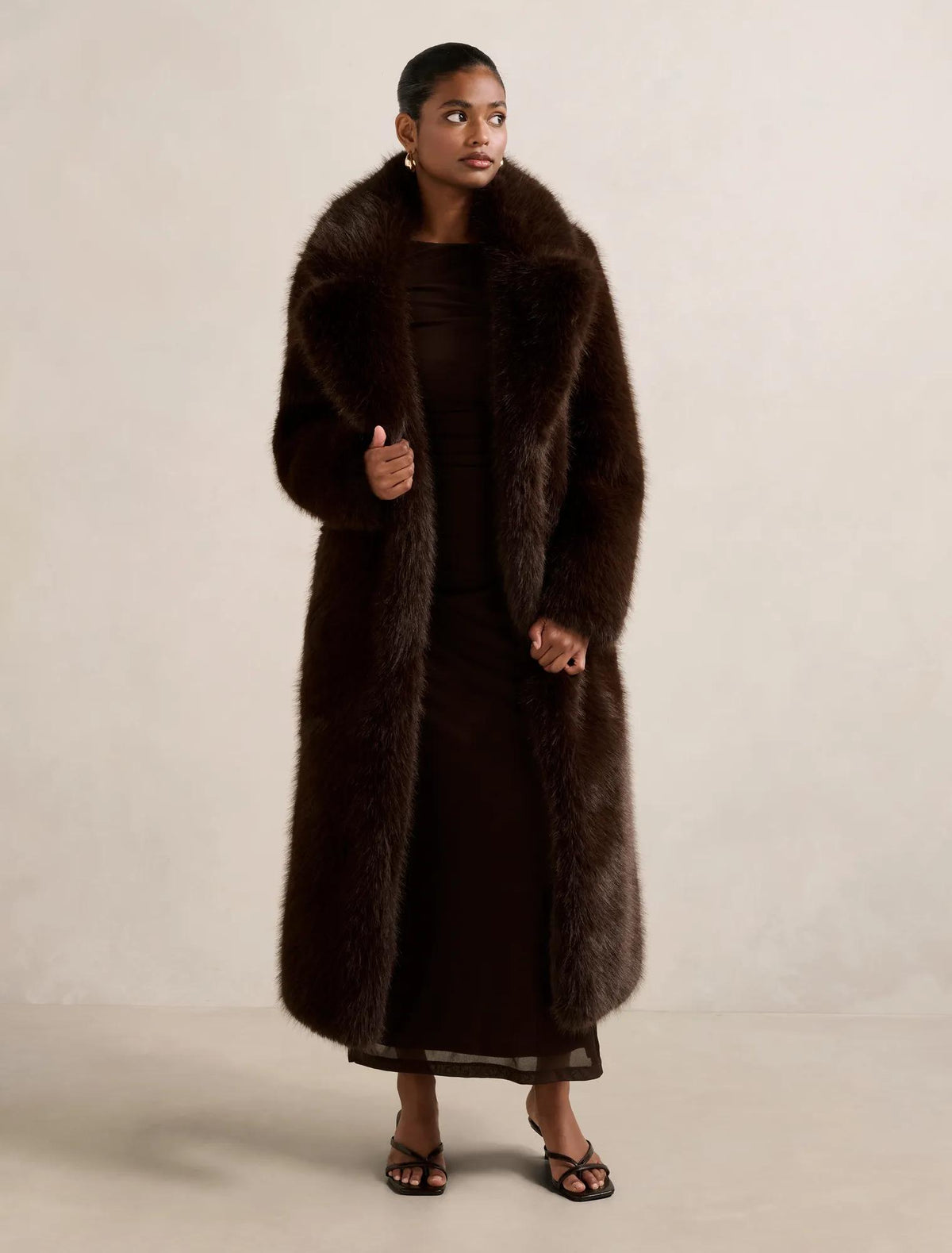 Hunter Petite Maxi Faux Fur Coat Dark Chocolate