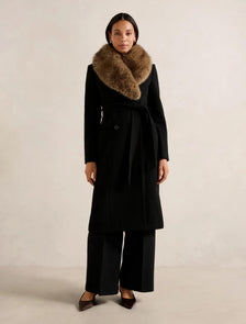 Chelsea Double Breasted Fur Collar Coat Black / Camel