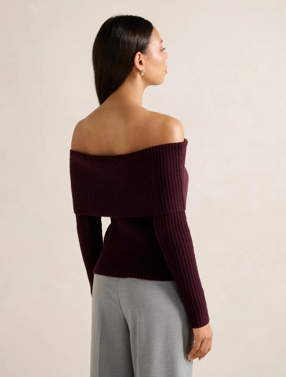 Ashley Ribbed Knit Bardot Top Deep Plum