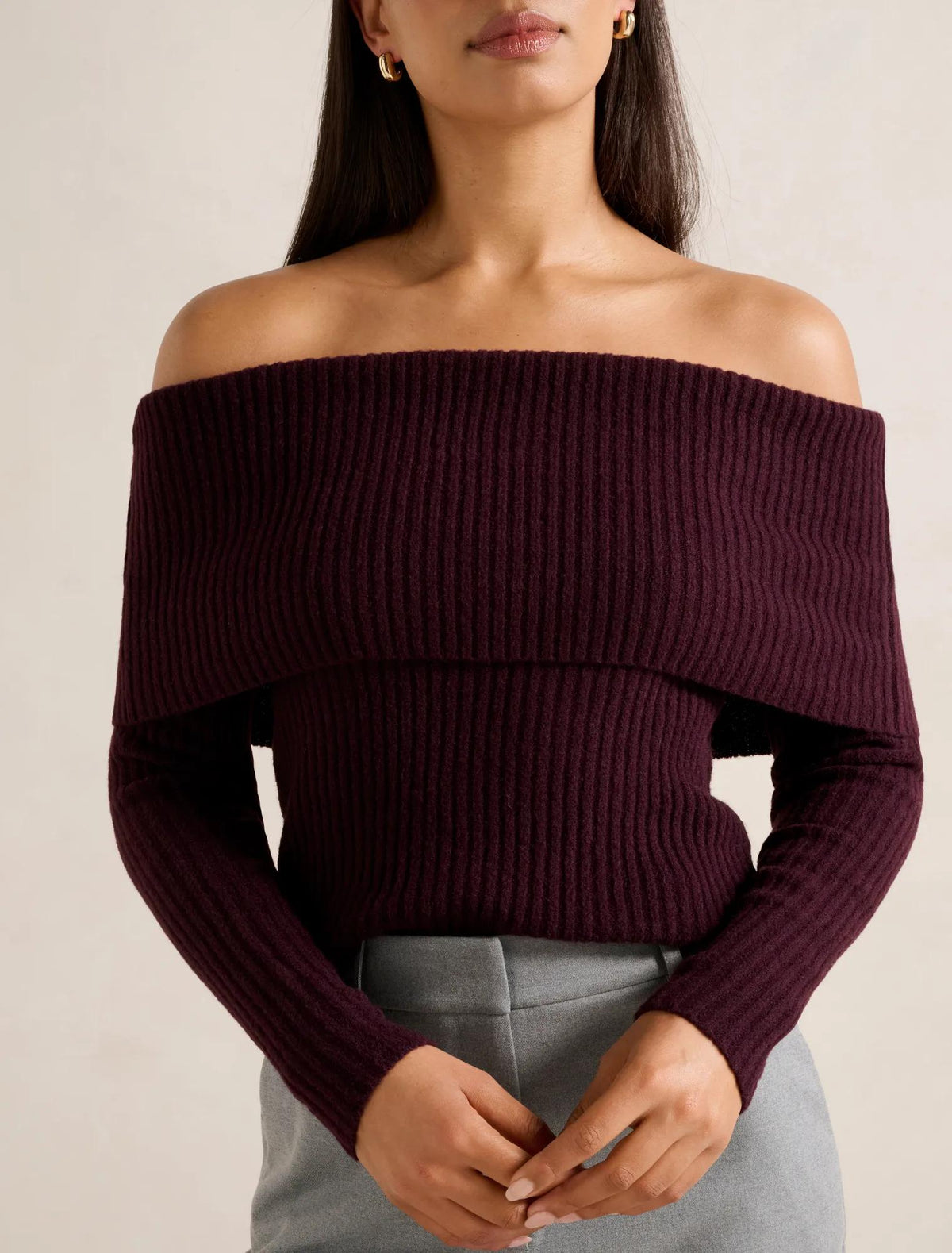 Ashley Ribbed Knit Bardot Top Deep Plum