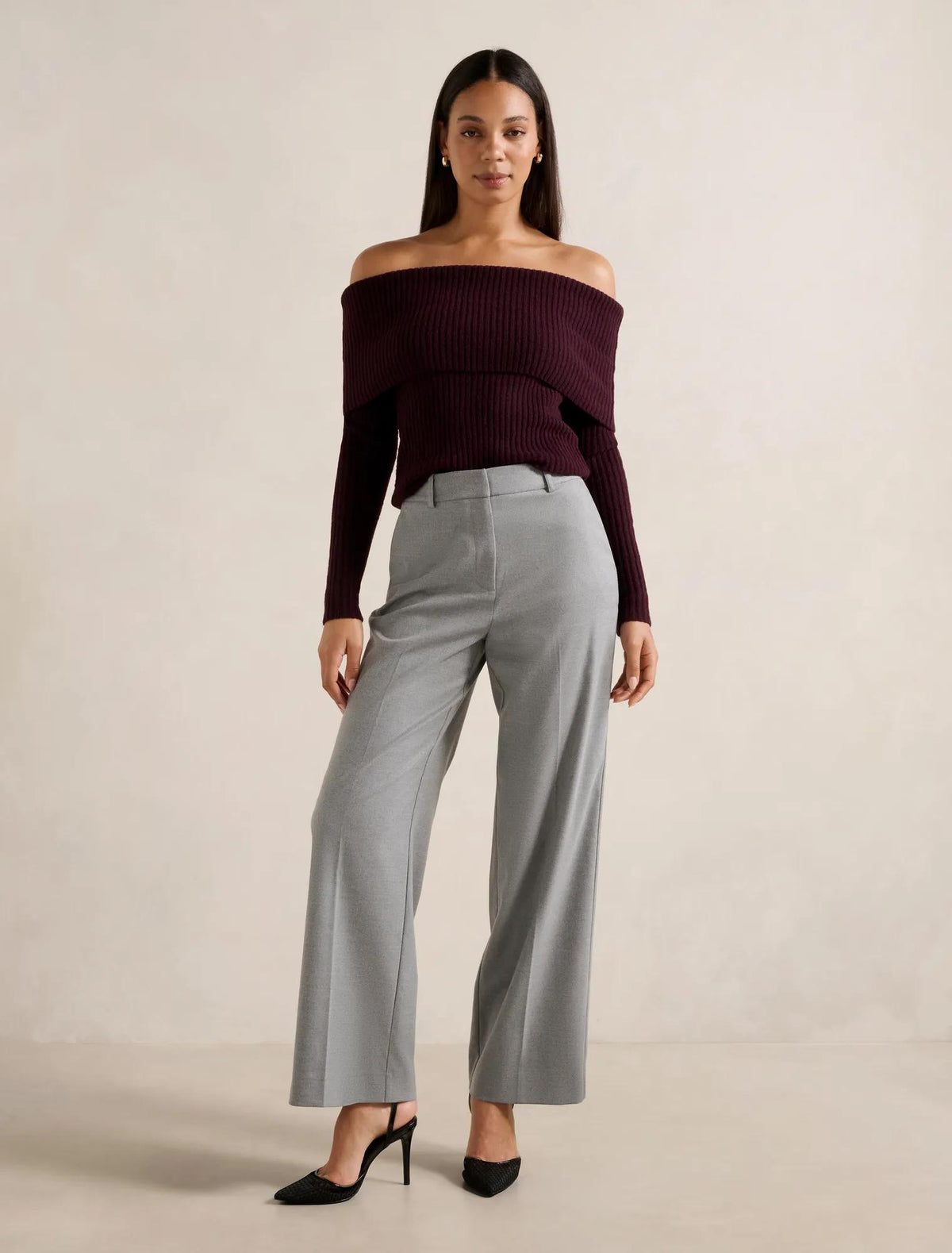 Ashley Ribbed Knit Bardot Top Deep Plum
