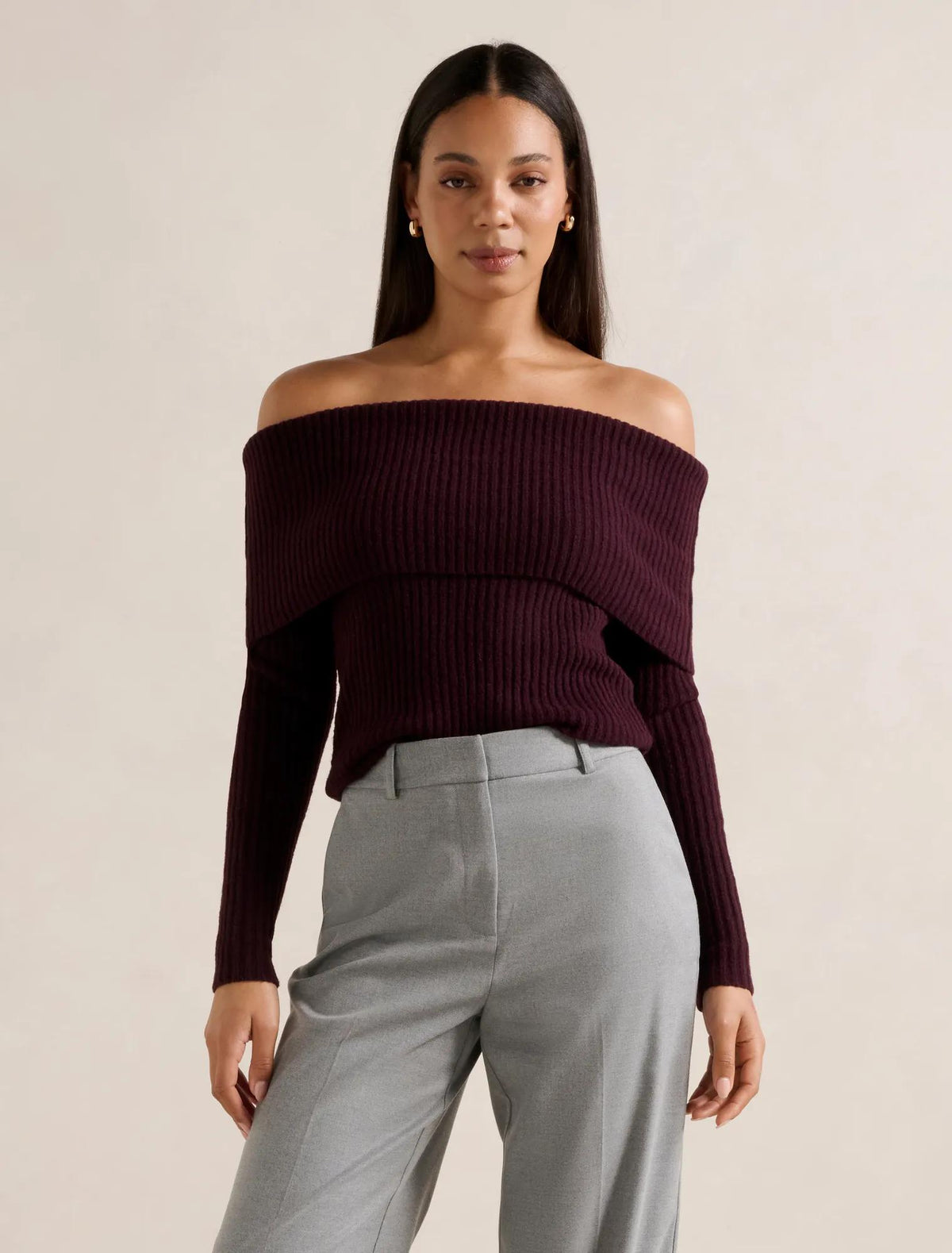 Ashley Ribbed Knit Bardot Top Deep Plum