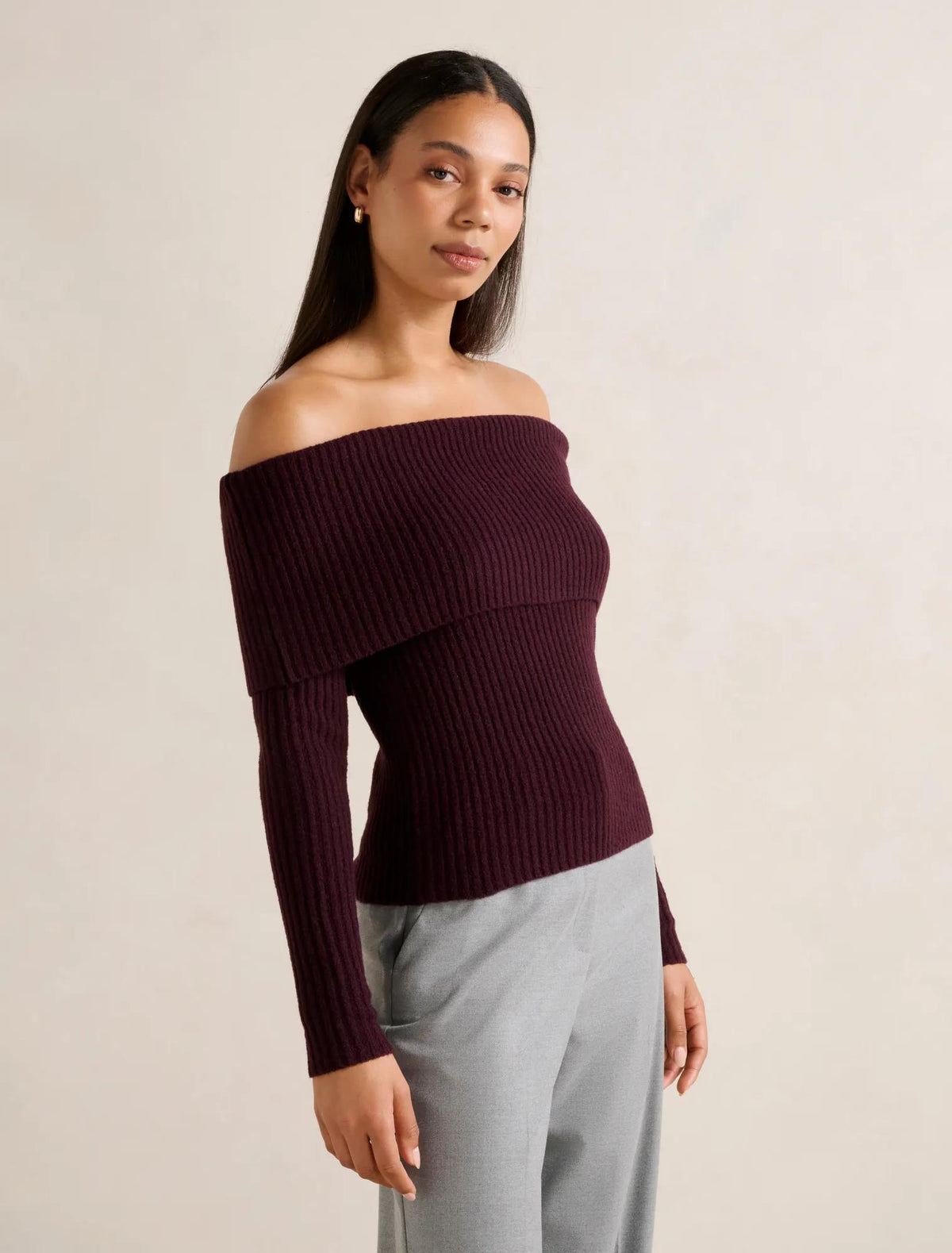 Ashley Ribbed Knit Bardot Top Deep Plum