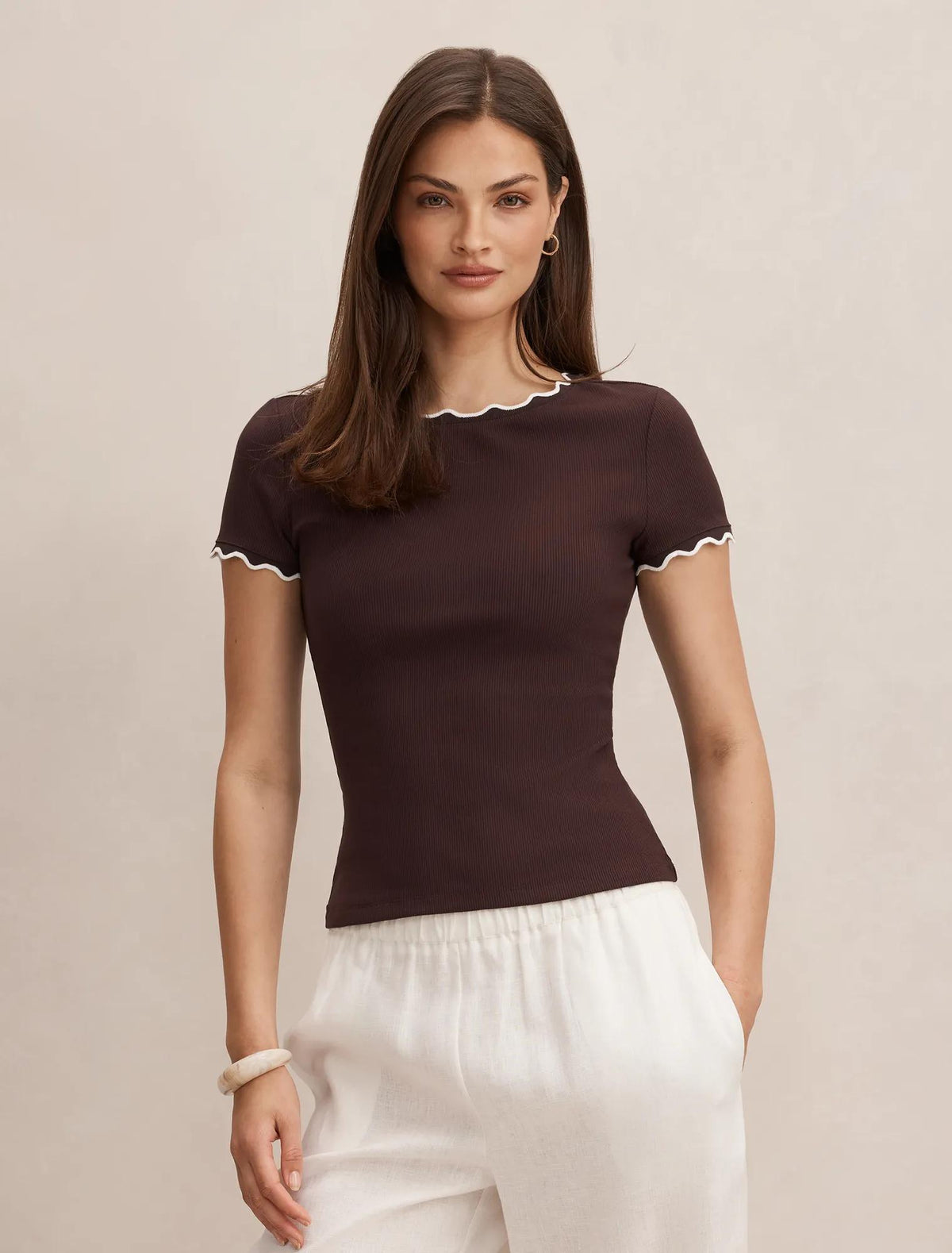 Rebecca Scallop Trim Tee Chocolate/ Porcelain