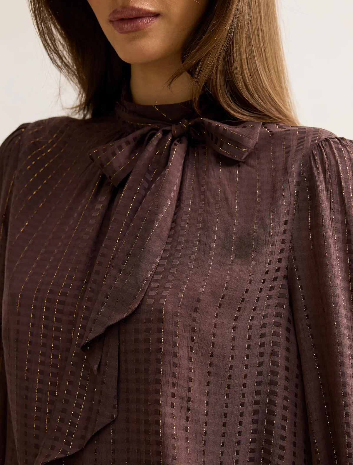 Preslee Neck Tie Blouse Chocolate Metalic Co-ord