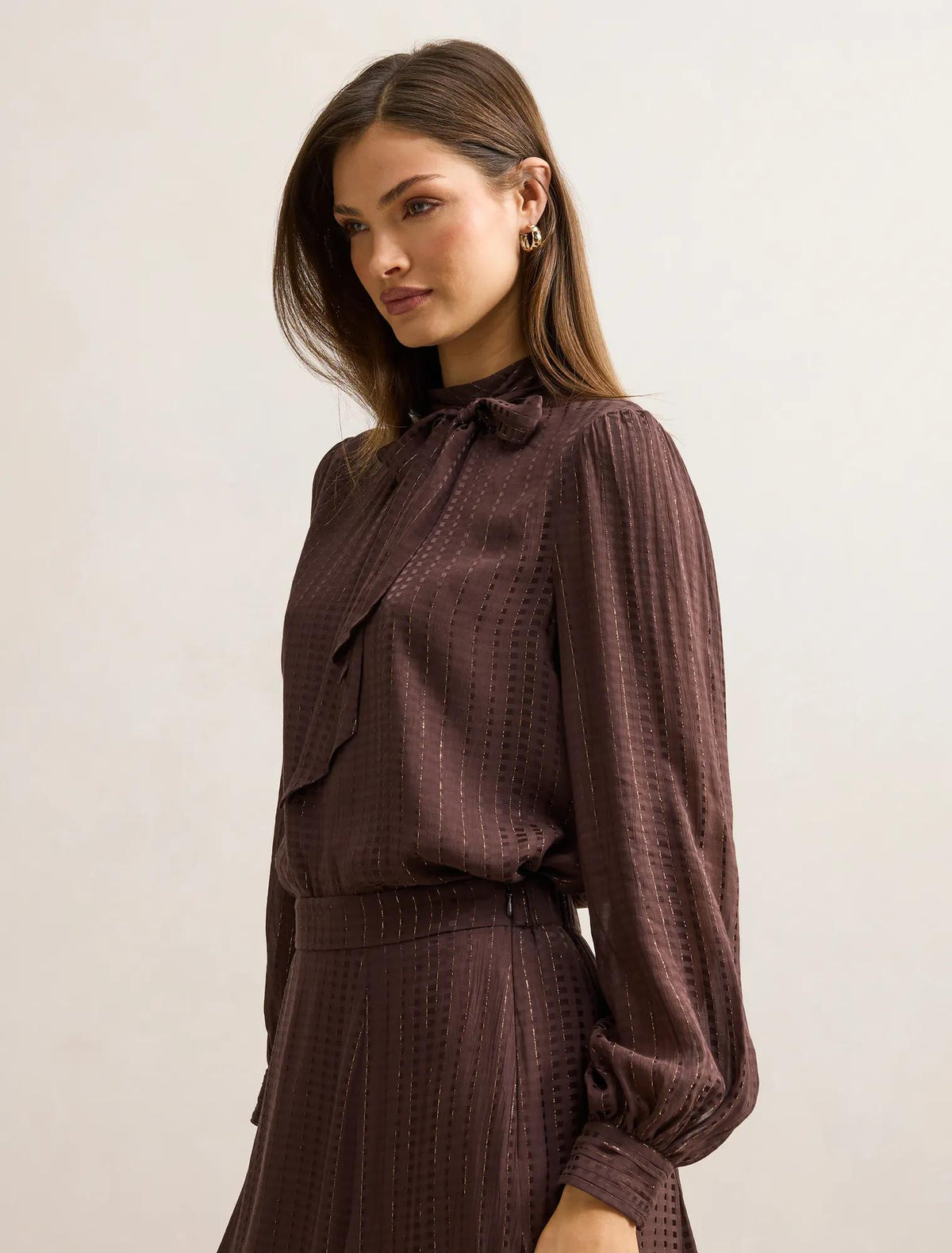 Preslee Neck Tie Blouse Chocolate Metalic Co-ord