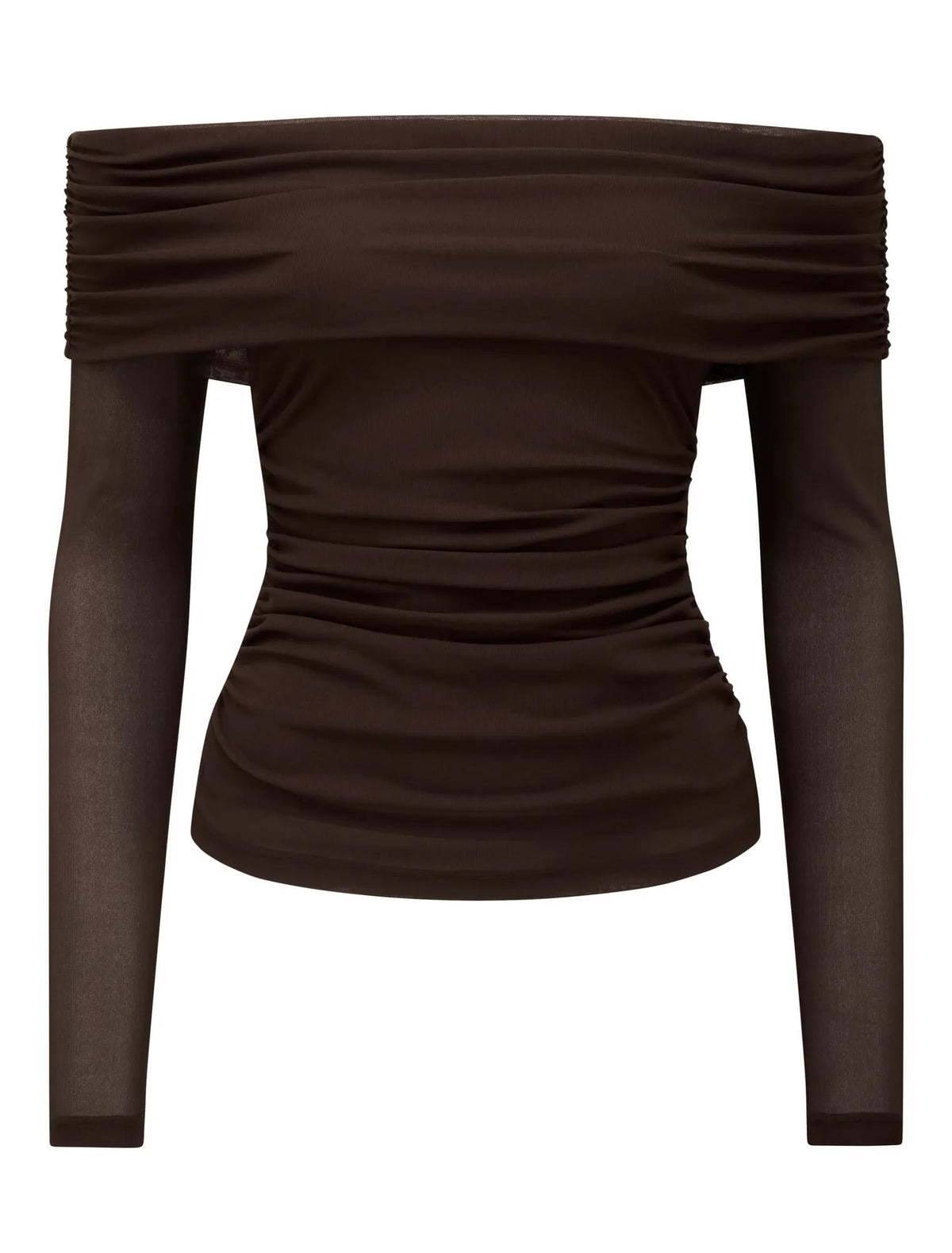 Kaia Ruched Mesh Bardot Top Chocolate_mannequin