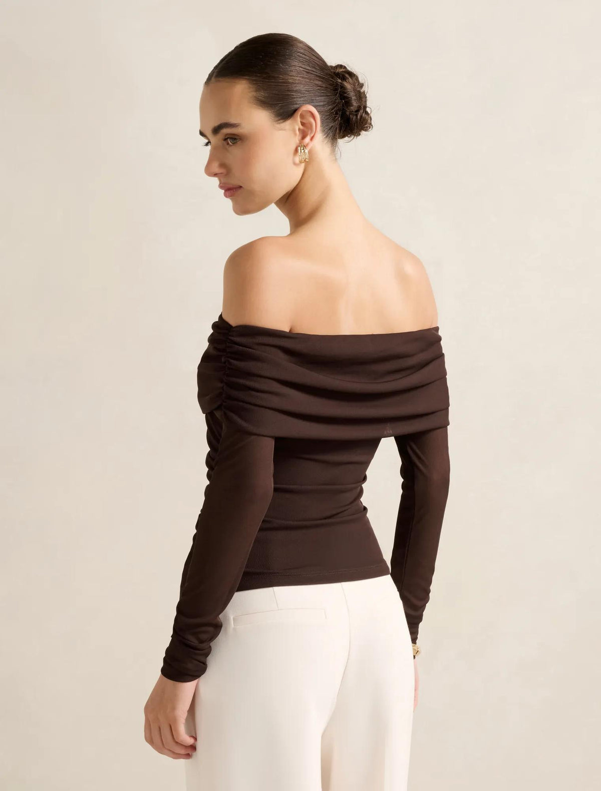 Kaia Ruched Mesh Bardot Top Chocolate