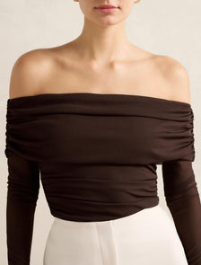 Kaia Ruched Mesh Bardot Top Chocolate