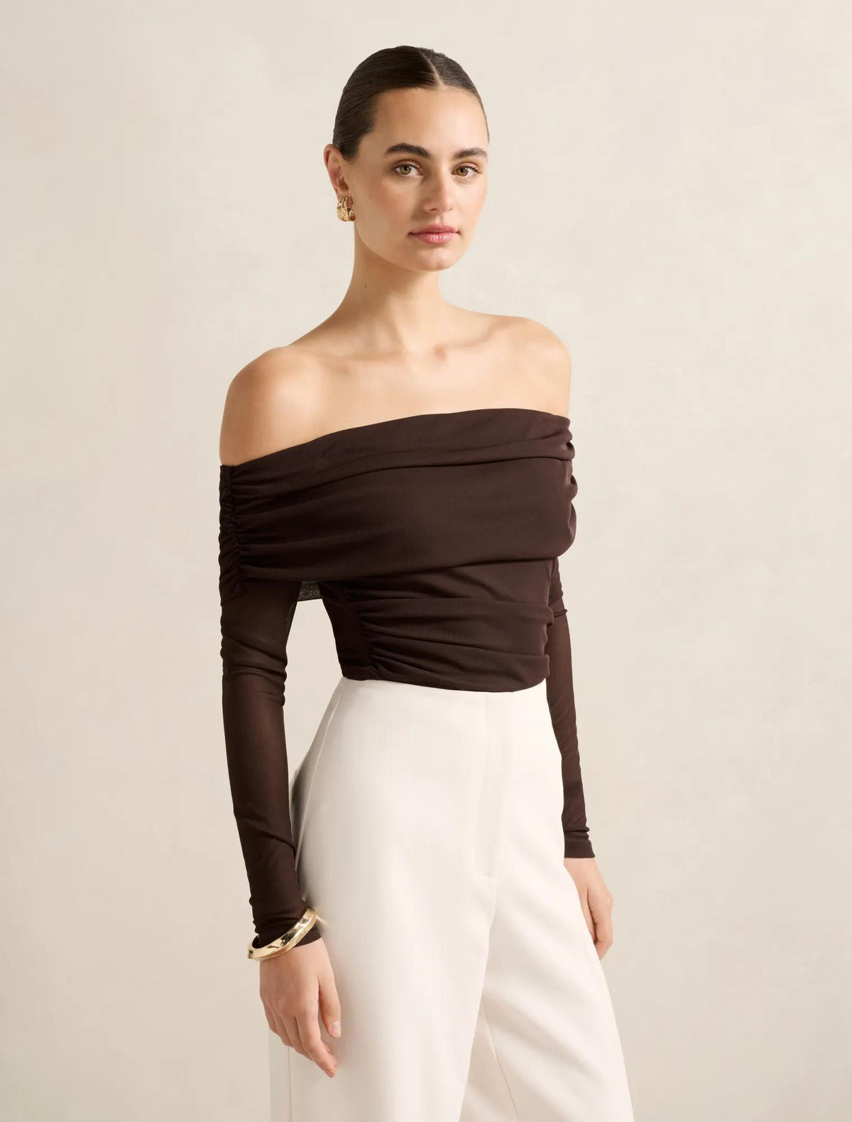 Kaia Ruched Mesh Bardot Top Chocolate