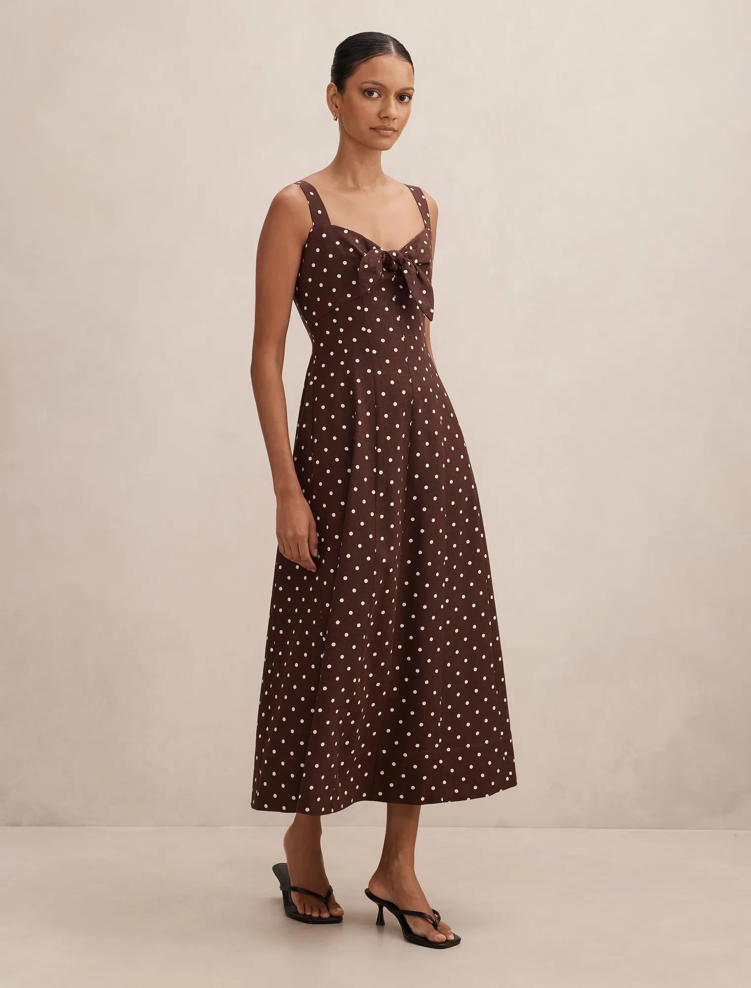 Kara Petite Tie Front Linen Midi Choc Kinsey Spot