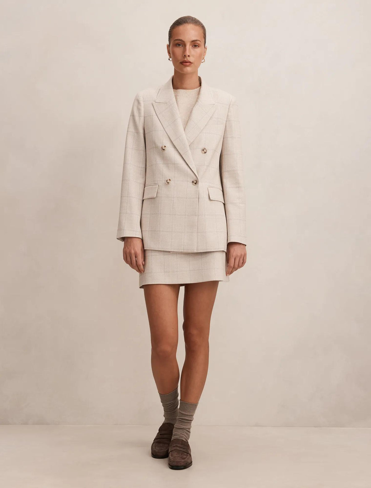 Lottie Double Breasted Blazer Beige Check Suit