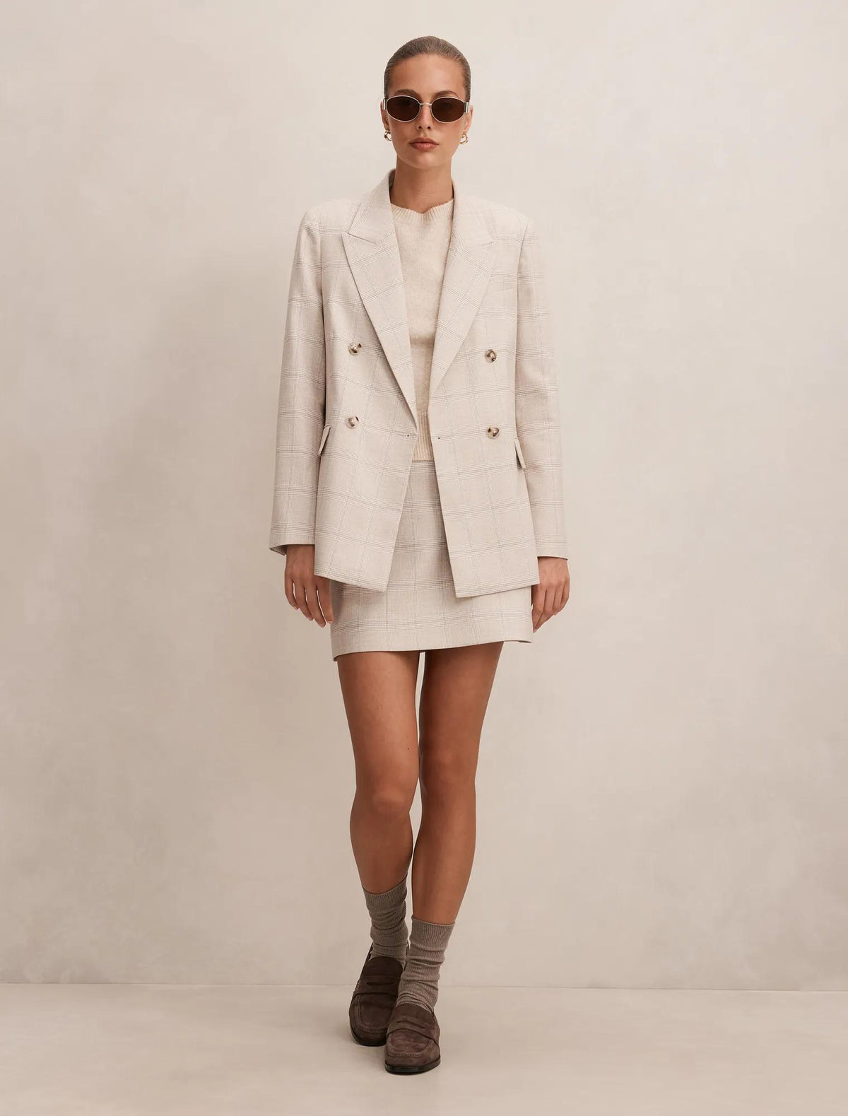 Lottie Double Breasted Blazer Beige Check Suit