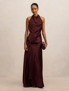 Abby Petite Halter Satin Maxi Berry