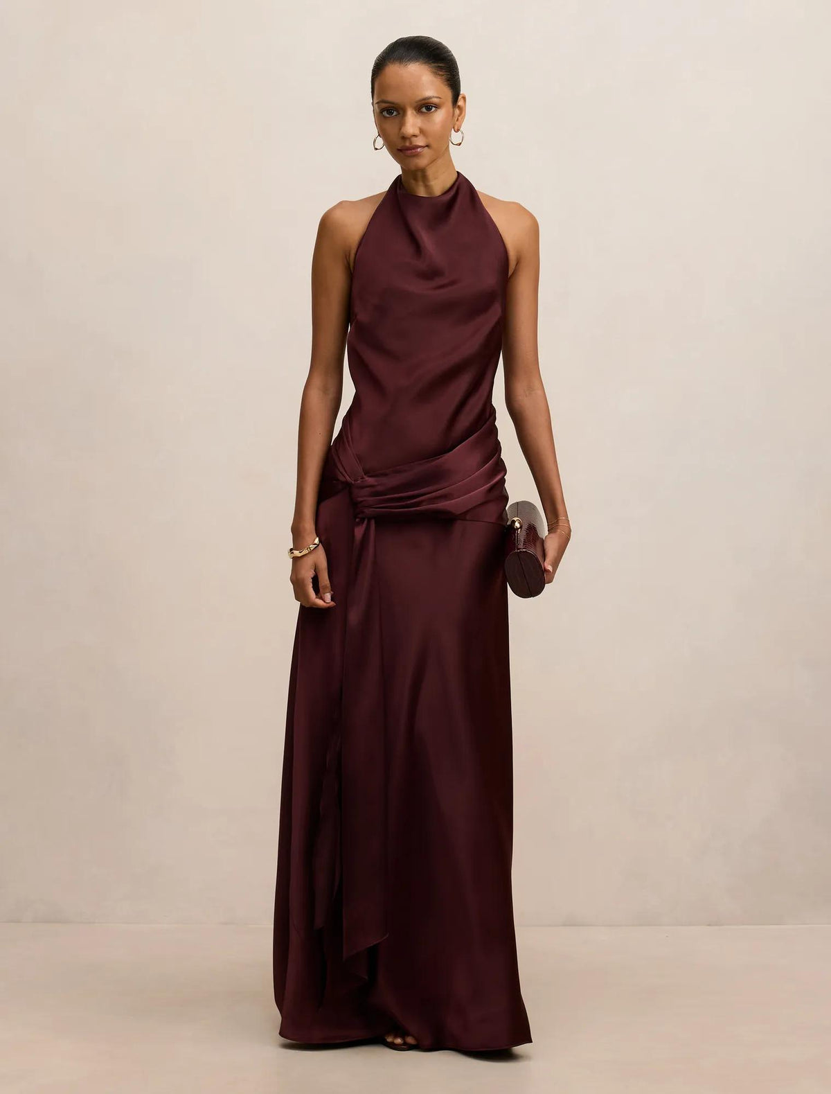 Abby Petite Halter Satin Maxi Berry