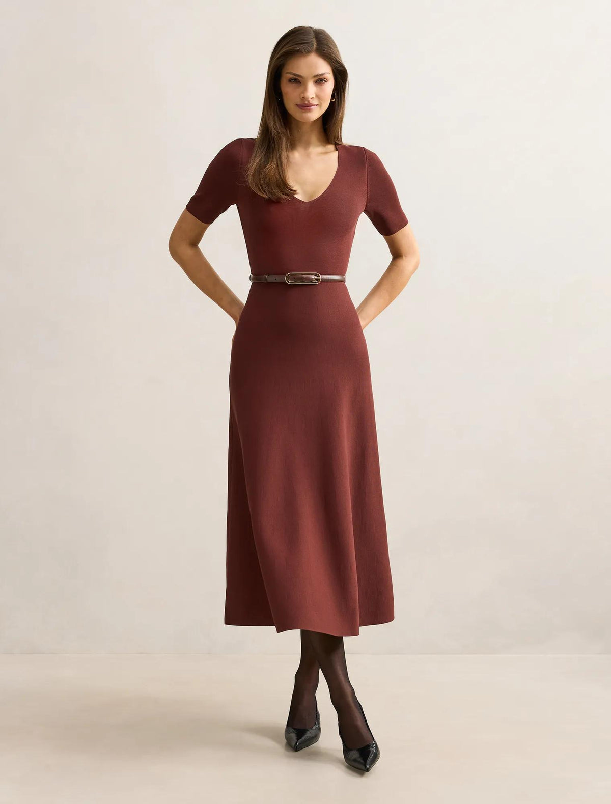 Celia Short Sleeve Midi Dress Chestnut