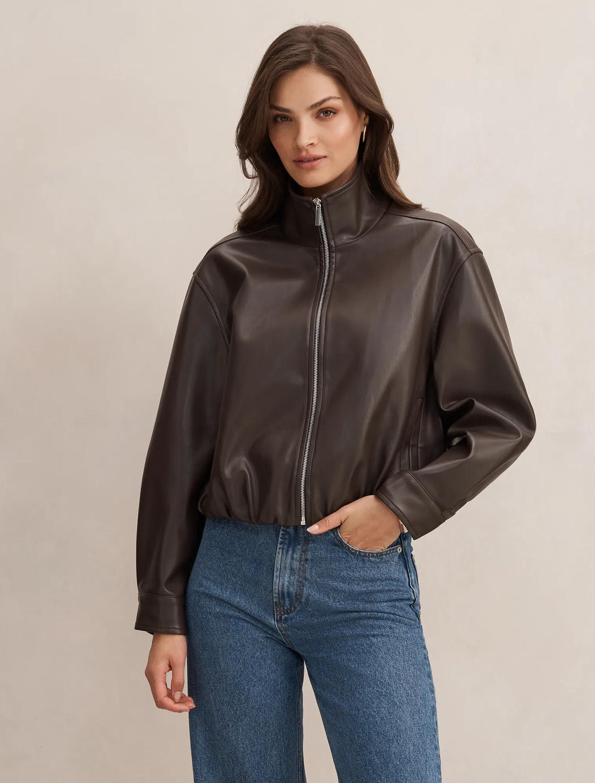 Julia Faux Leather Funnel Neck Jacket Chocolate