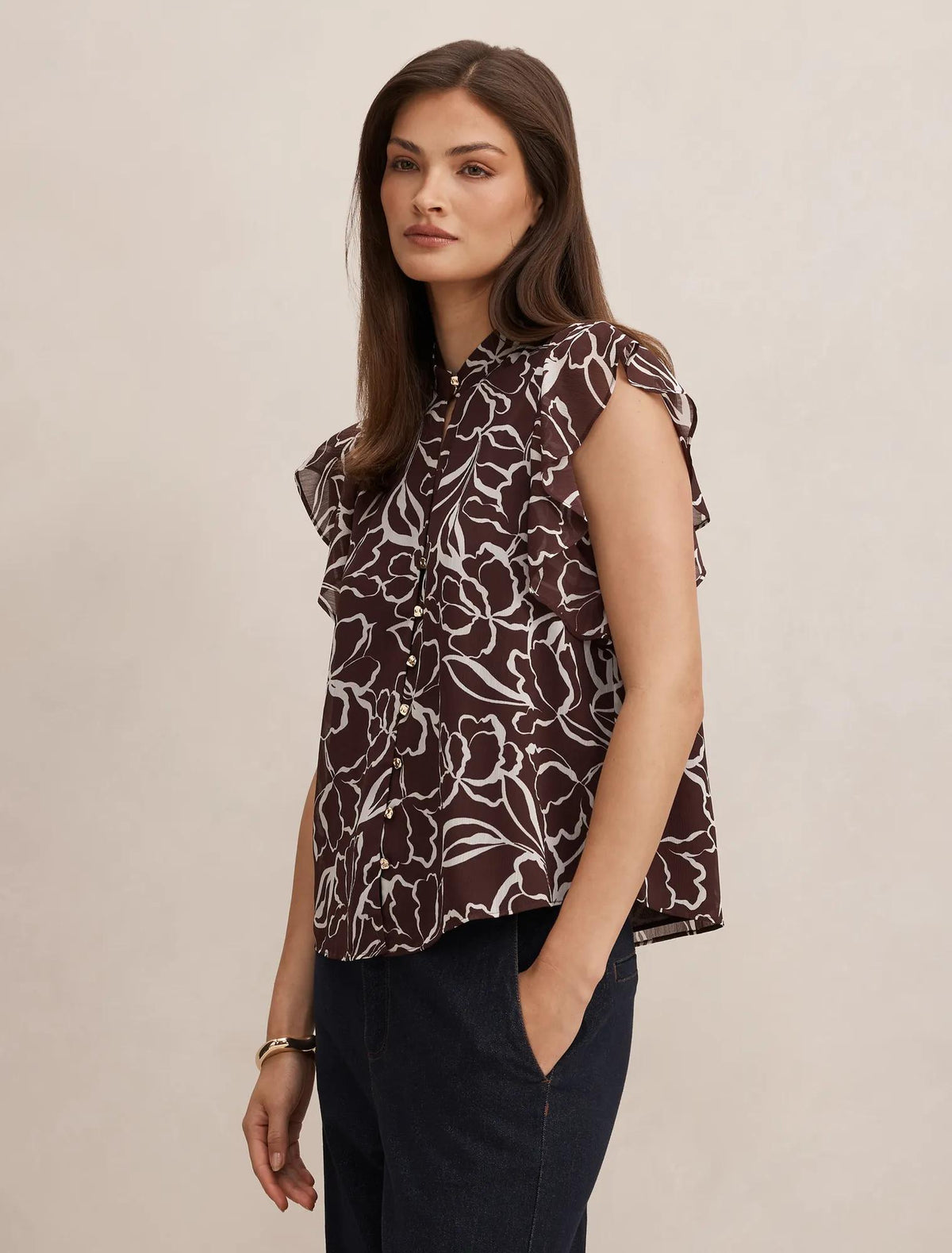 Tullia Ruffle Sleeve Blouse Choc Myra Floral