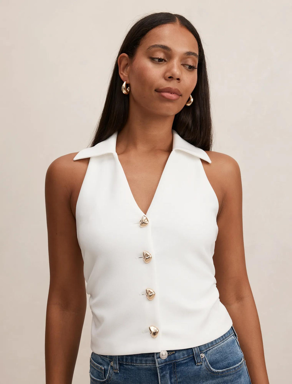 Tully Collared V-Neck Top Porcelain