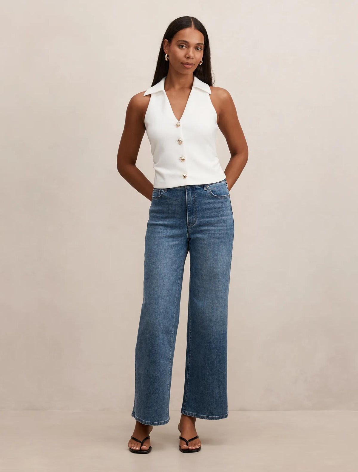 Tully Collared V-Neck Top Porcelain