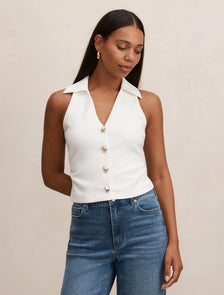 Tully Collared V-Neck Top Porcelain