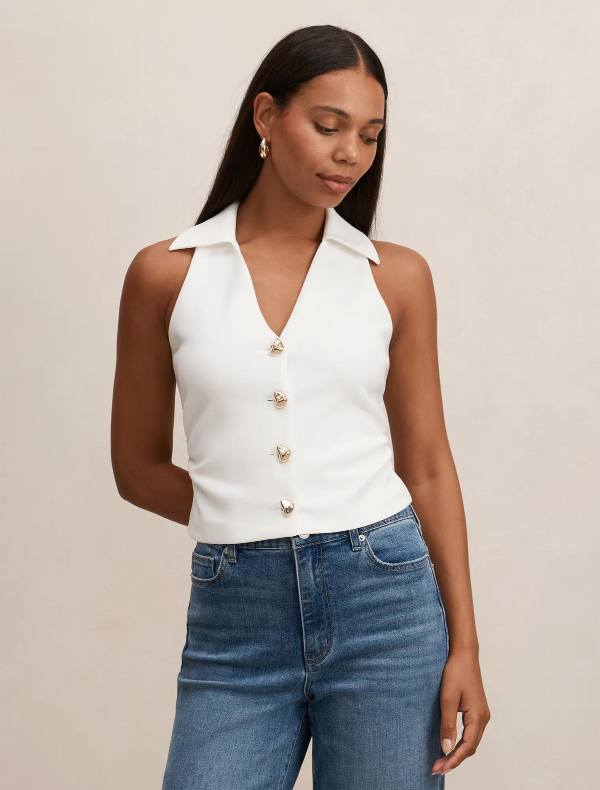 Tully Collared V-Neck Top Porcelain
