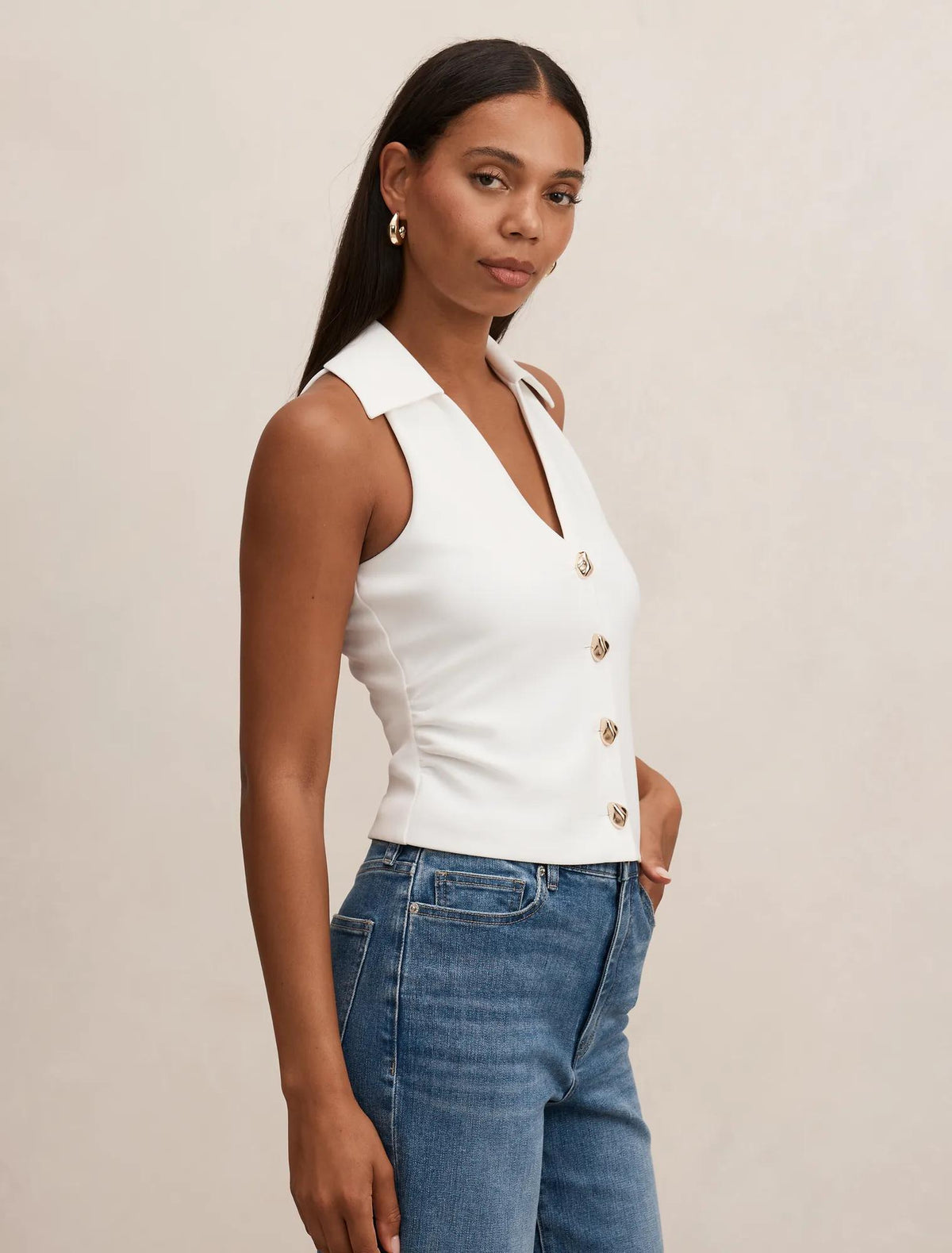 Tully Collared V-Neck Top Porcelain