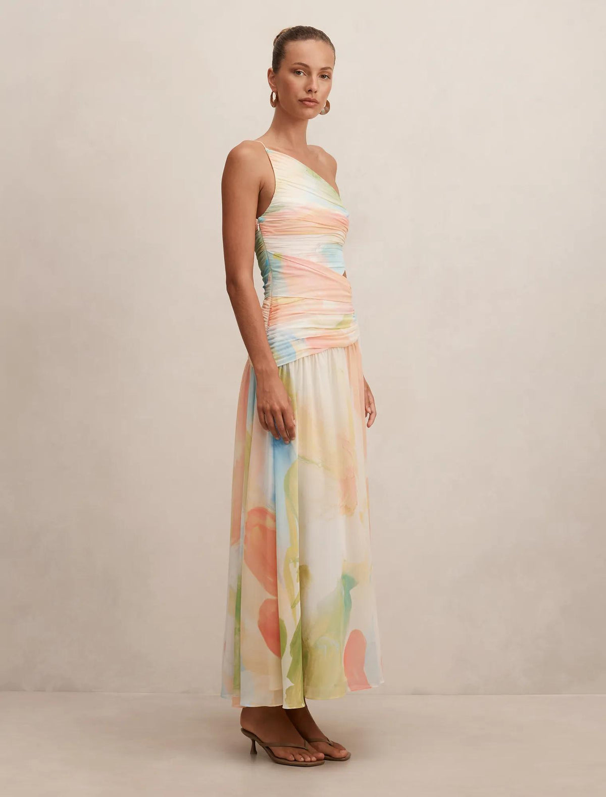 Connie Ruched Asymmetric Maxi Dress Melia Abstract