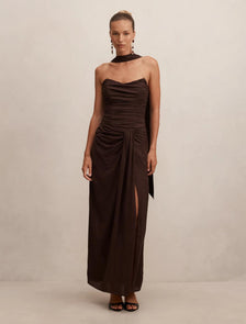 Arli Strapless Ruched Maxi Dress Chocolate