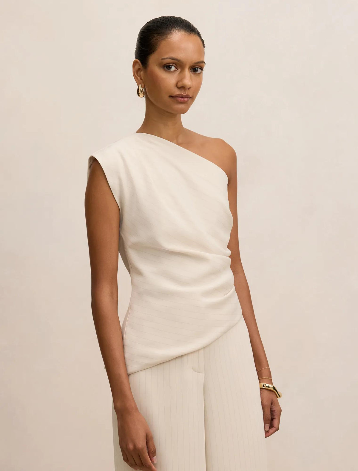 Willow Petite Asymmetrical Tuck Top Milk Pinstripe Set