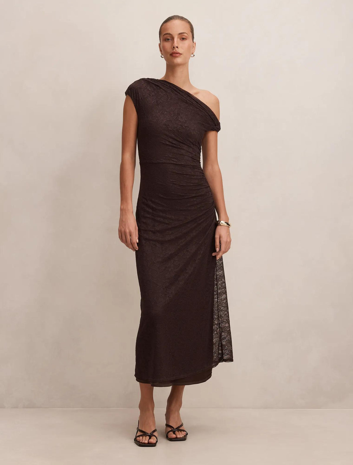 Paris Lace Asymmetric Midi Dress Chocolate