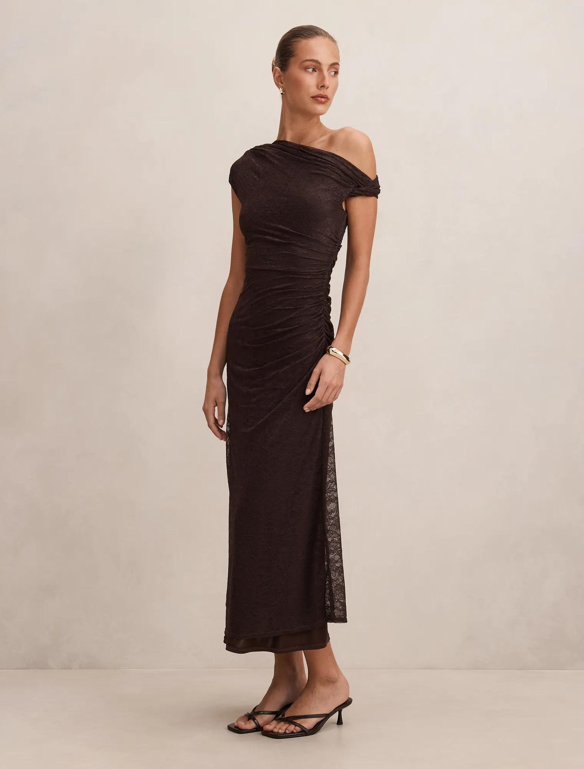 Paris Lace Asymmetric Midi Dress Chocolate