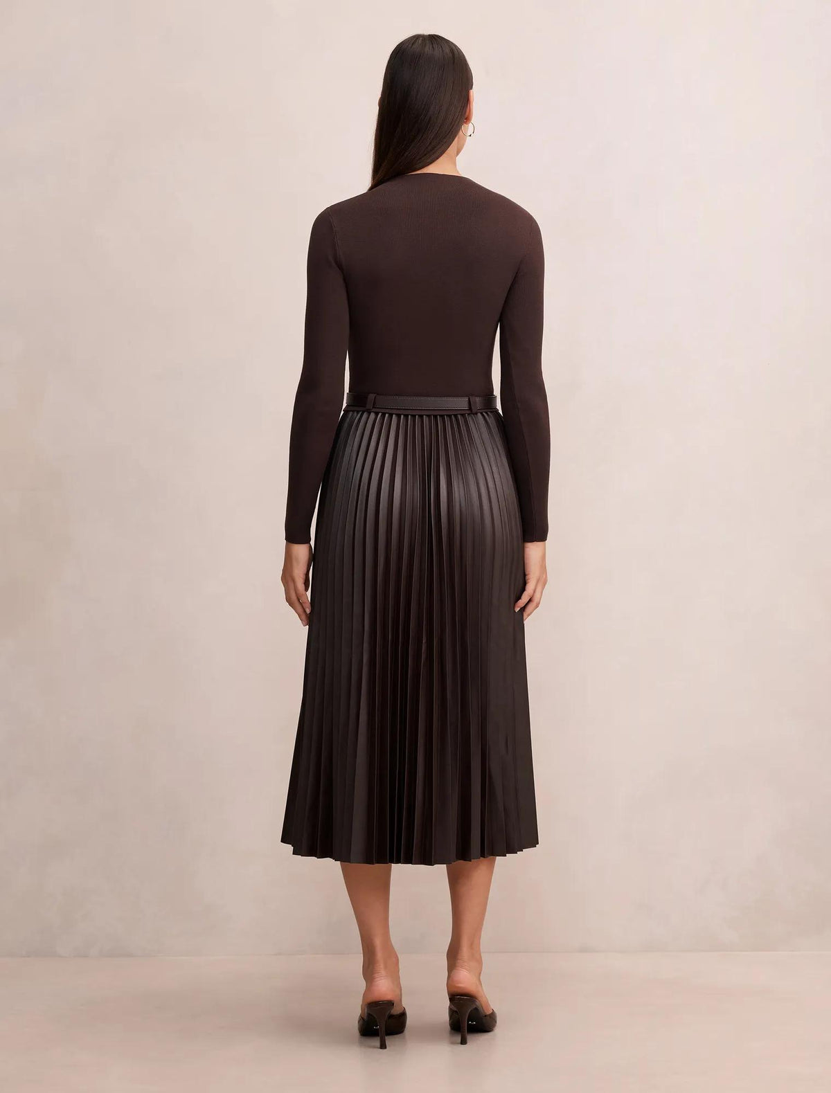 Gianna Faux Leather Pleated Midi Dress Chocolate