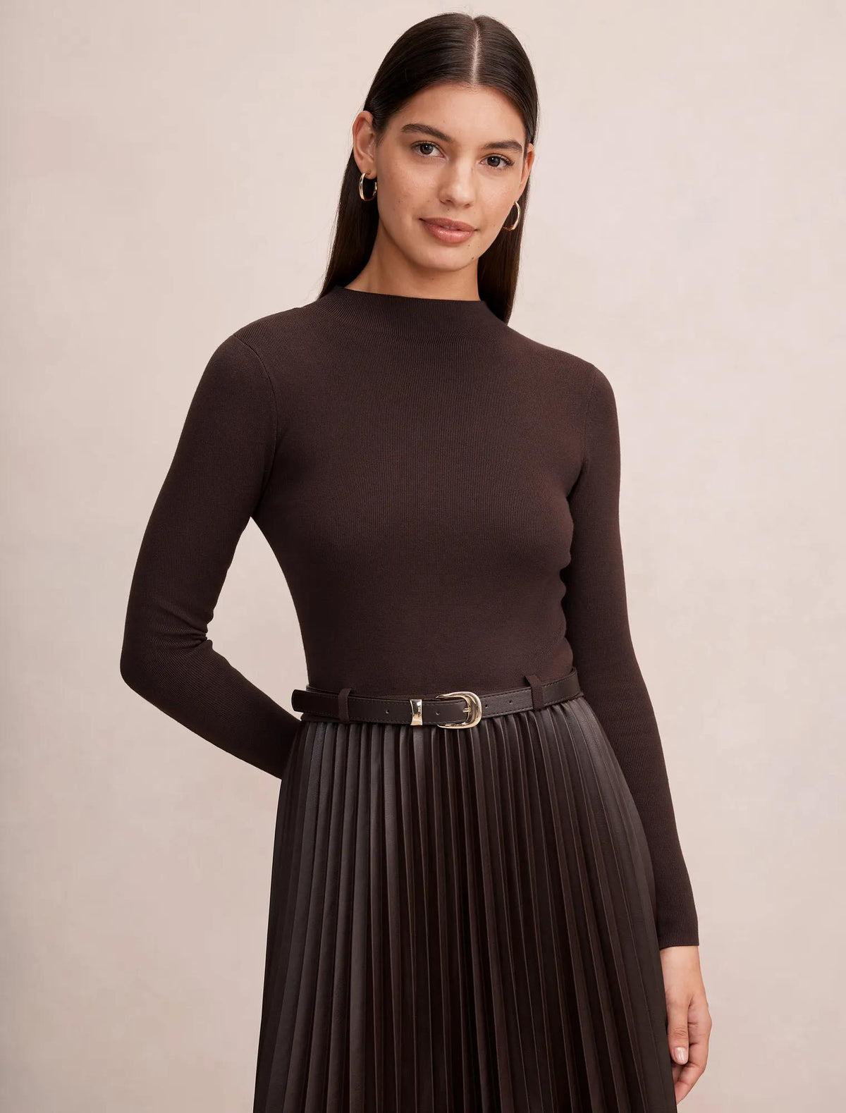 Gianna Faux Leather Pleated Midi Dress Chocolate
