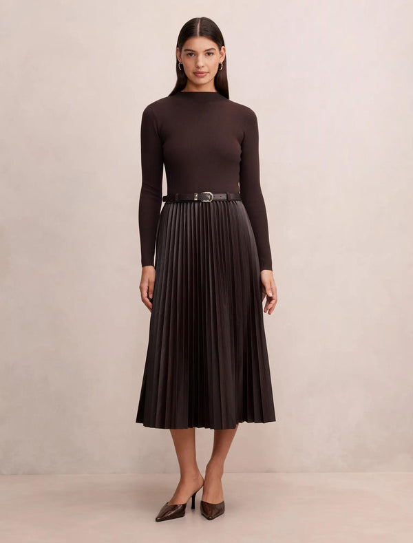 Gianna Faux Leather Pleated Midi Dress Chocolate