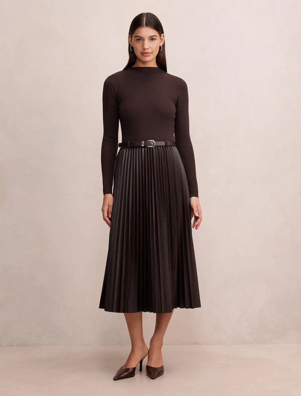 Gianna Faux Leather Pleated Midi Dress Chocolate