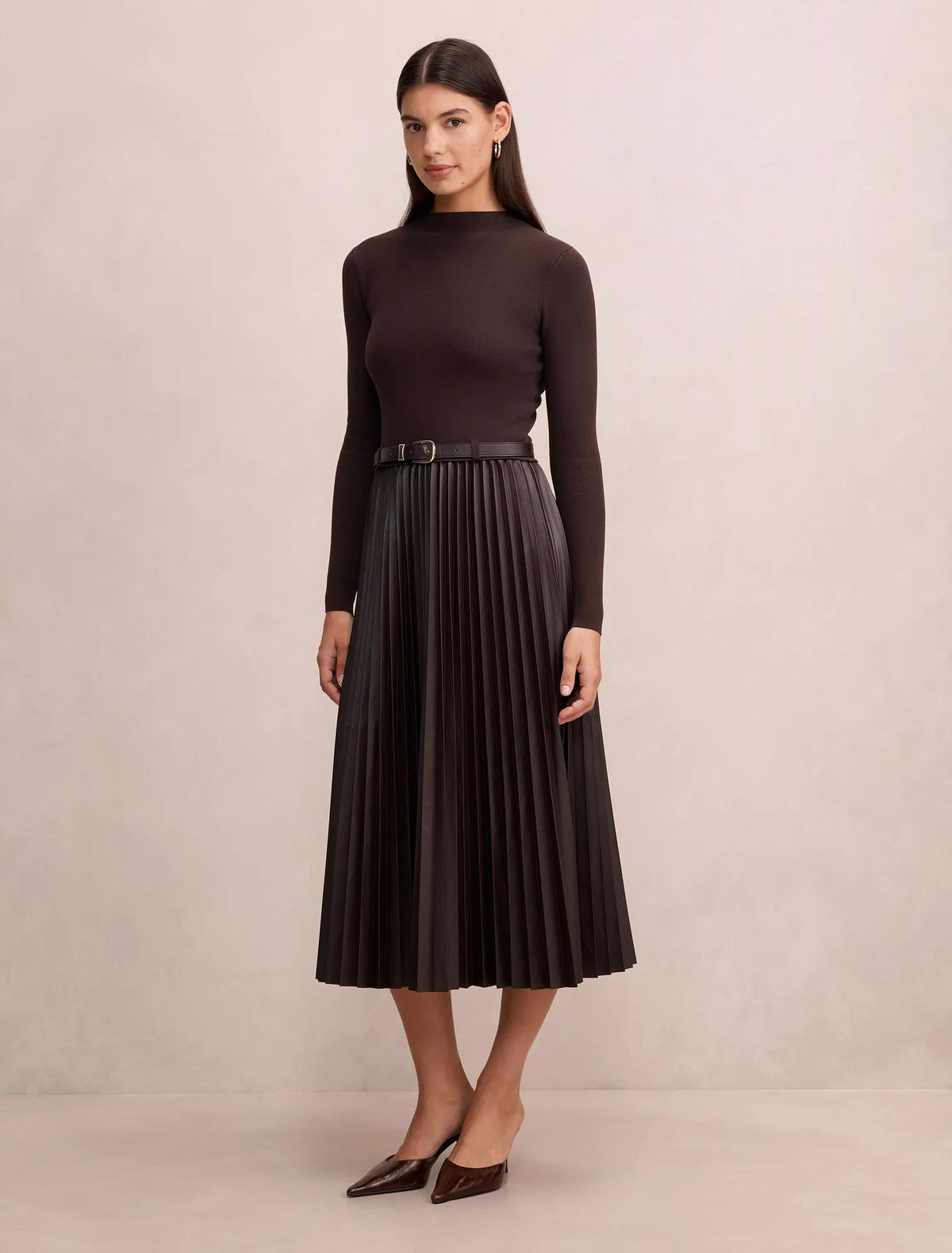 Gianna Faux Leather Pleated Midi Dress Chocolate
