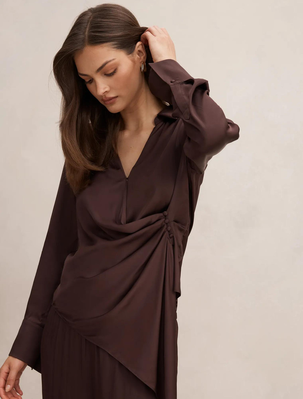 Maude Asymmetrical Draped Shirt Brown Co-ord