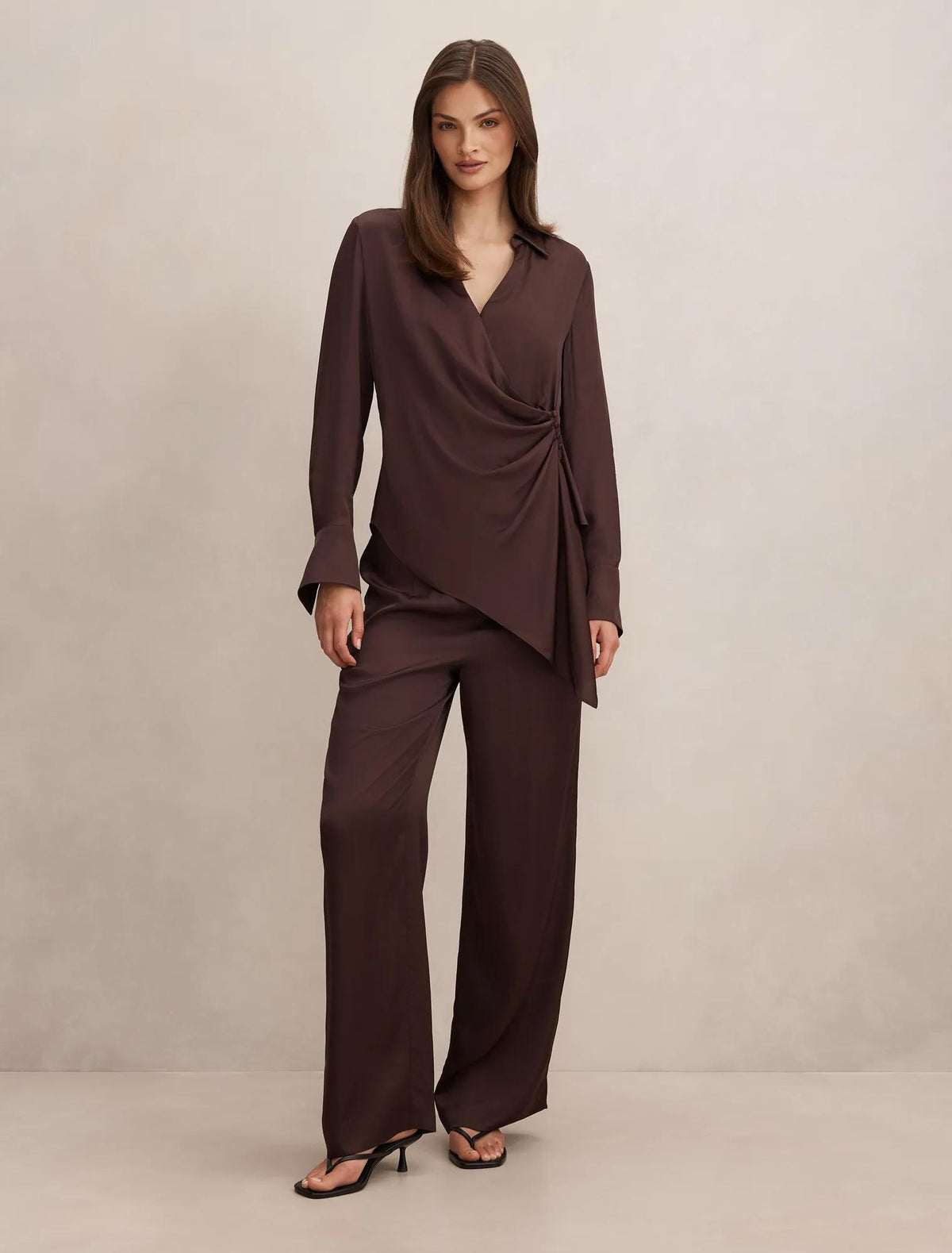 Maude Asymmetrical Draped Shirt Brown Co-ord