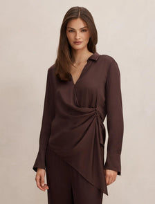 Maude Asymmetrical Draped Shirt Brown Co-ord