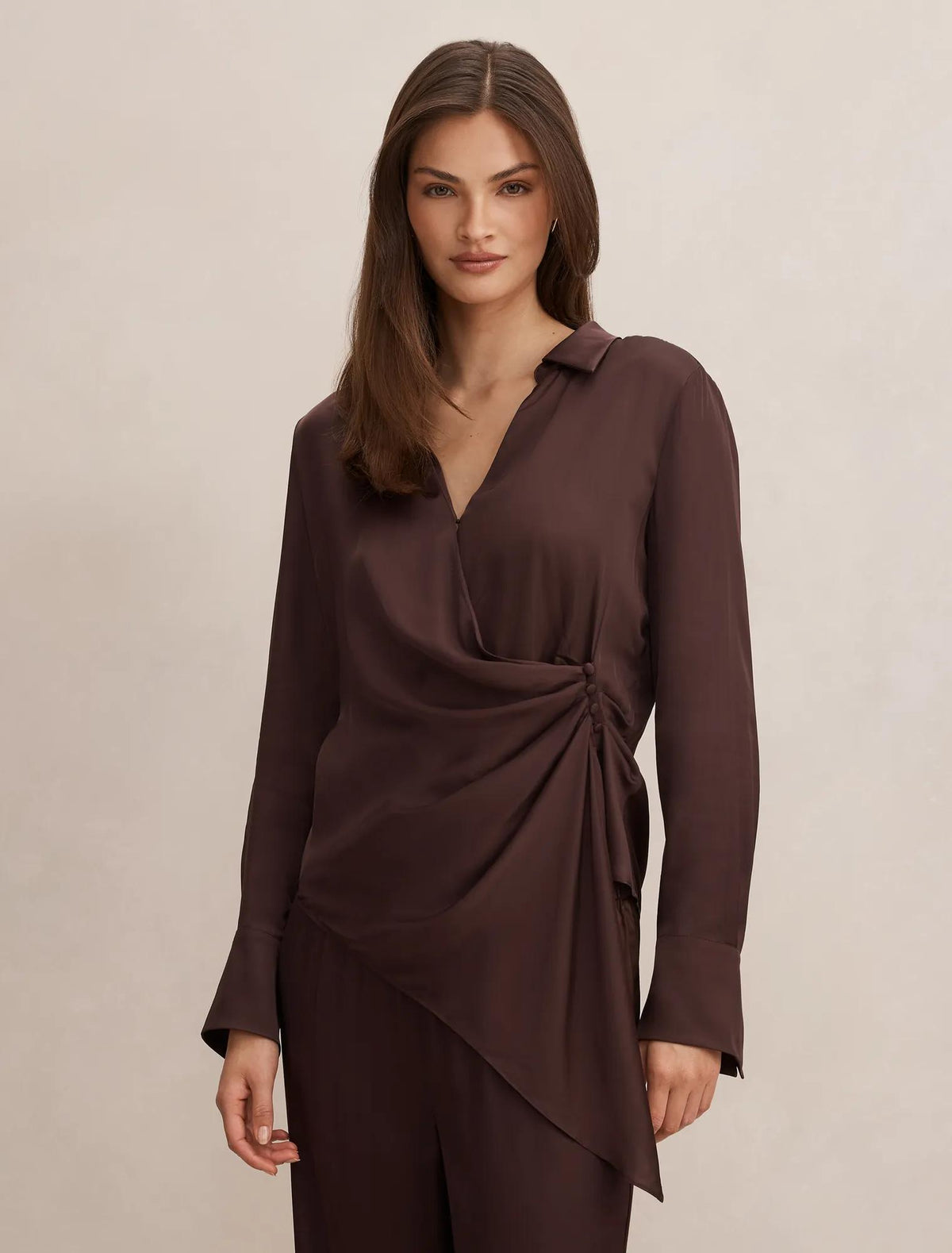 Maude Asymmetrical Draped Shirt Brown Co-ord
