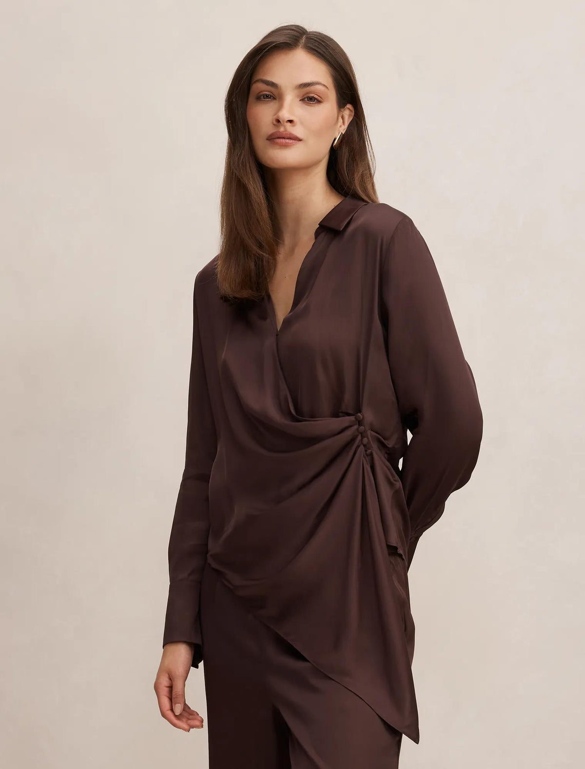 Maude Asymmetrical Draped Shirt Brown Co-ord
