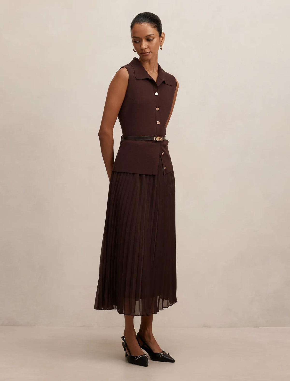 Chelsea Petite Pleat Mixed Midi Dress Chocolate