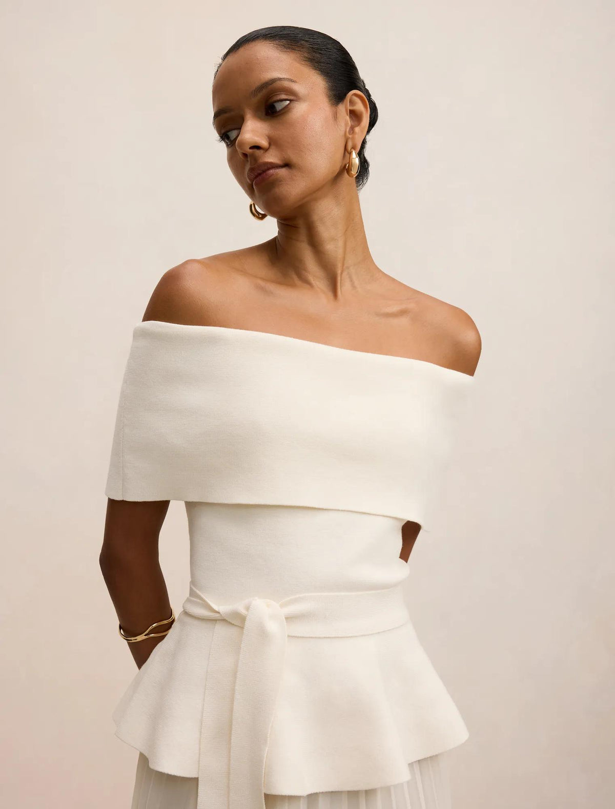 Charlotte Petite Bardot Pleat Mid Dress Cream