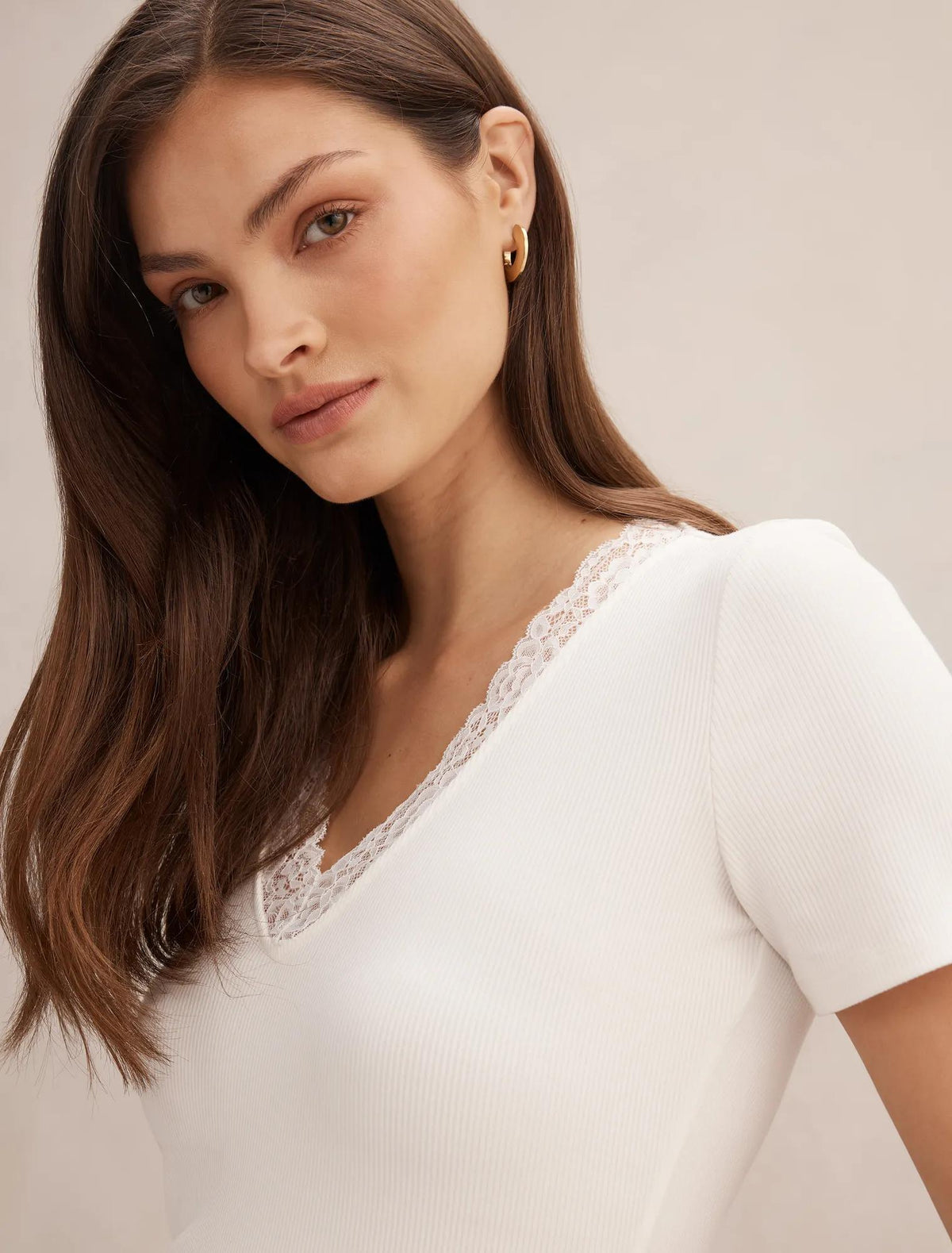 Sienna Lace Trim Tee Porcelain