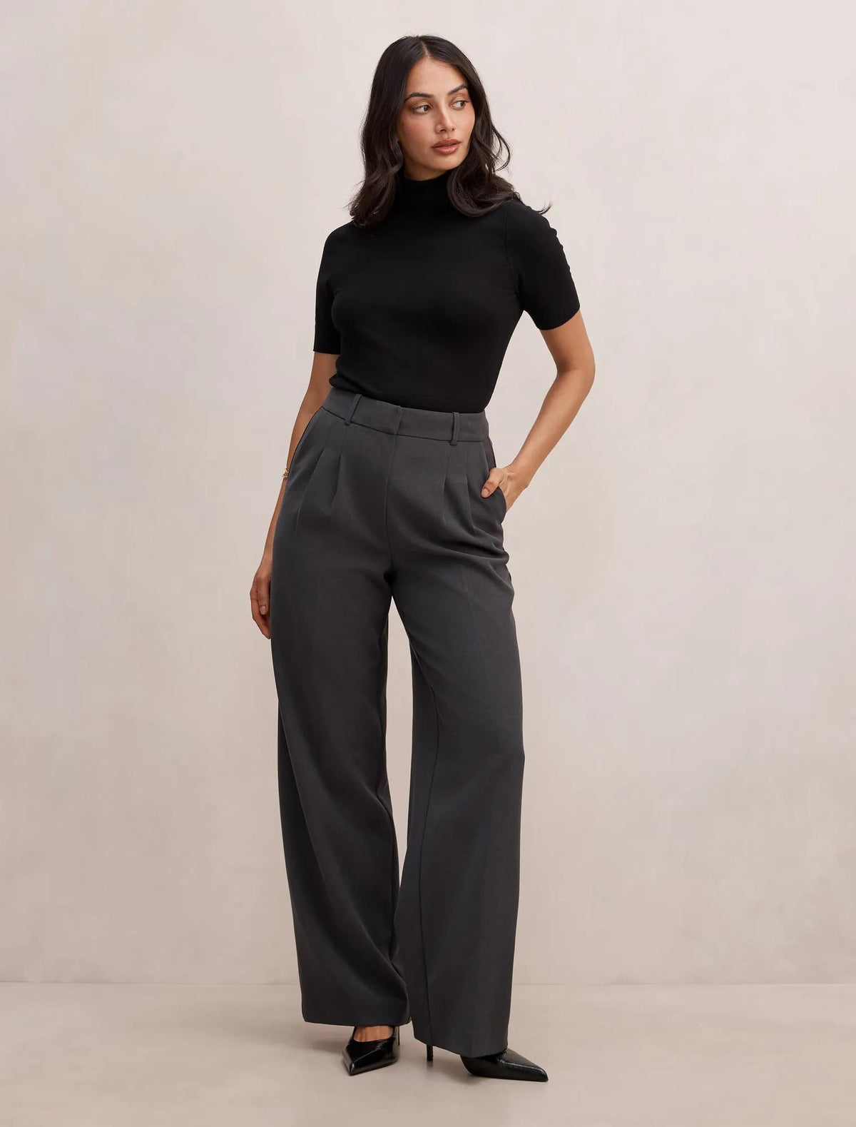 Eva Pleat Wide Leg Pants Charcoal Grey