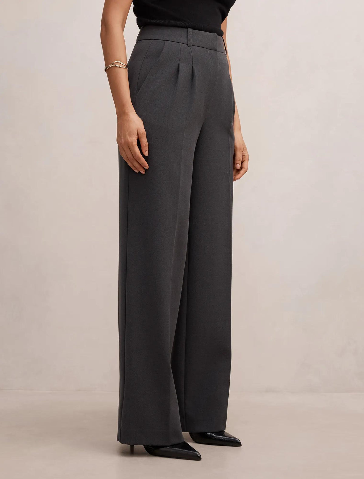 Eva Pleat Wide Leg Pants Charcoal Grey