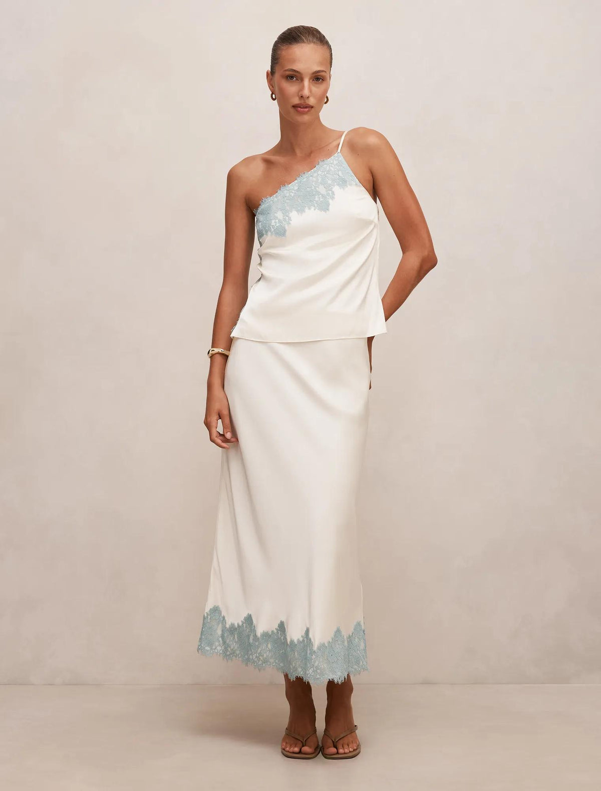 Adele Lace Trim Midi Skirt Champagne/Blue Co-ord